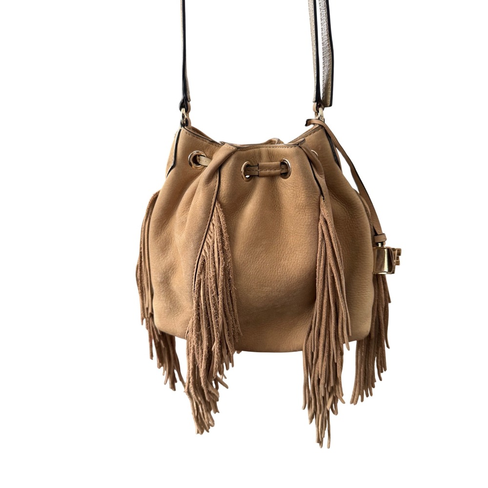 Diane von Furstenberg Tan Suede boho western Fringe Bucket Bag Crossbody - Picture 2 of 6